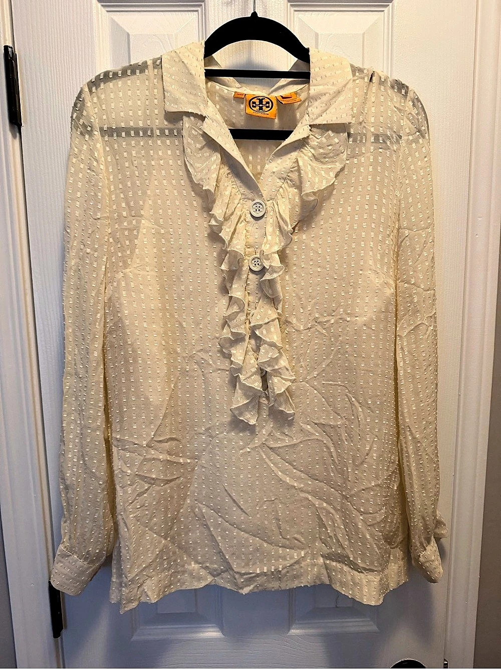 Tory Burch Silk Ruffle Blouse in Cream Size 10 Like New
